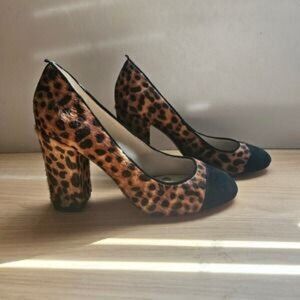 Boden Leopard fur round toe block chunky heel size